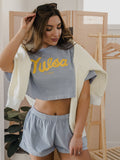 TU Golden Hurricane Bold Script Denim Blue Heavyweight Cropped Tee