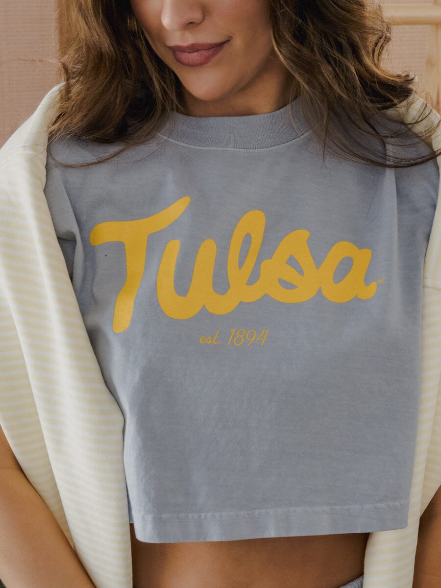 TU Golden Hurricane Bold Script Denim Blue Heavyweight Cropped Tee