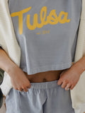 TU Golden Hurricane Bold Script Denim Blue Heavyweight Cropped Tee