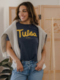 TU Golden Hurricane Bold Script Washed Navy Ellie Heavyweight Tee