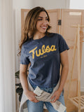 TU Golden Hurricane Bold Script Washed Navy Ellie Heavyweight Tee
