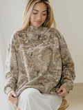 Dolly Parton Signature Script Camo Weekend Mock Neck Sweatshirt