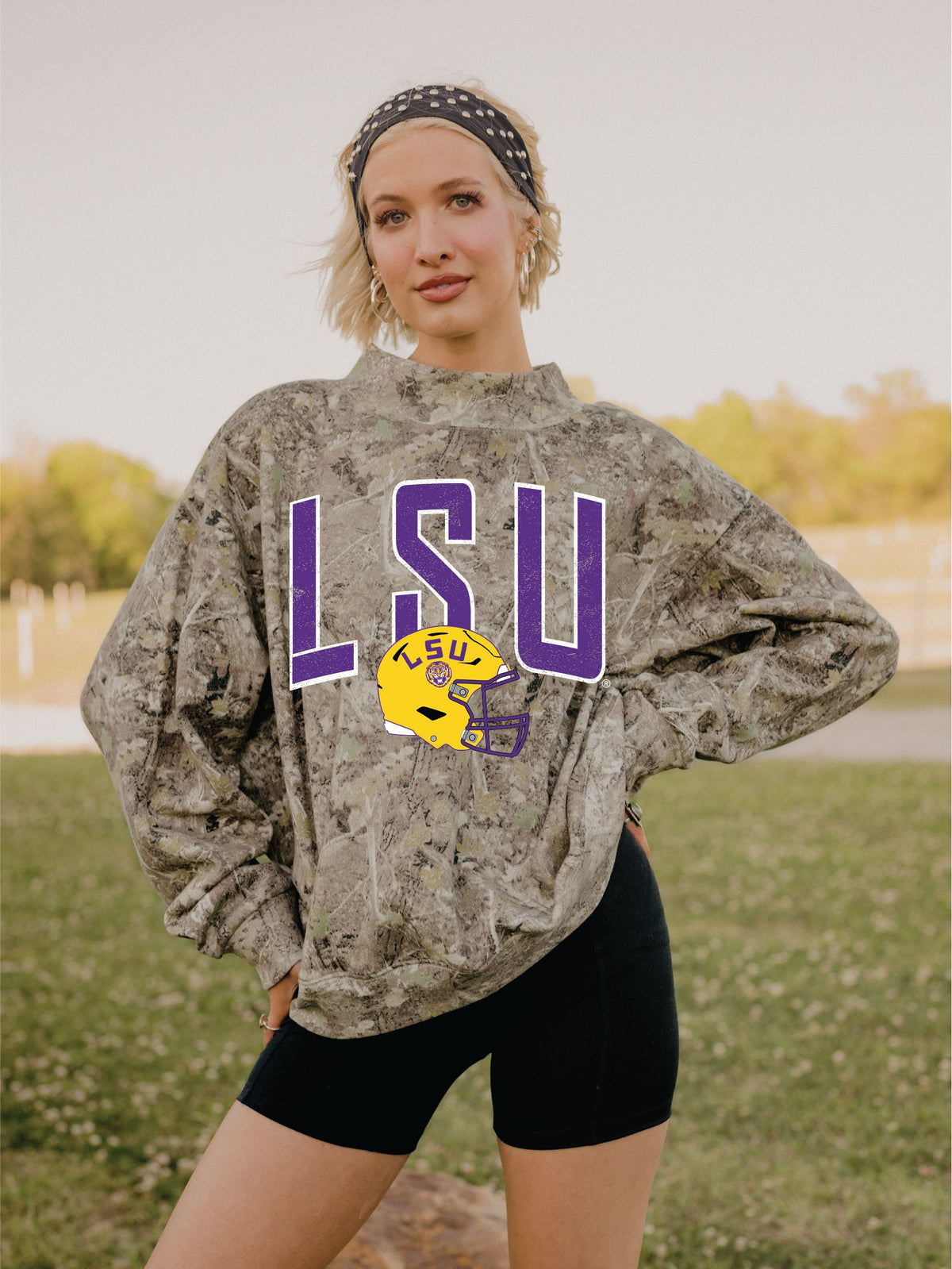 LSU Tigers Helmet Fade Camo Weekend Mock Neck Sweatshirt