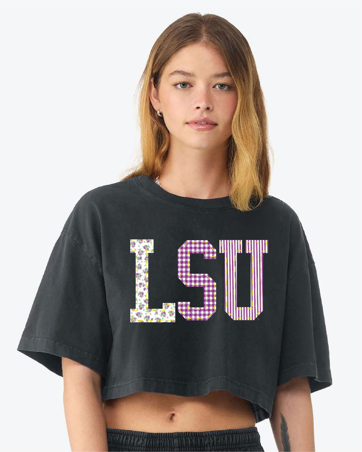 LSU Tigers Quilted Puff Ink Washed Black Heavyweight Cropped Tee