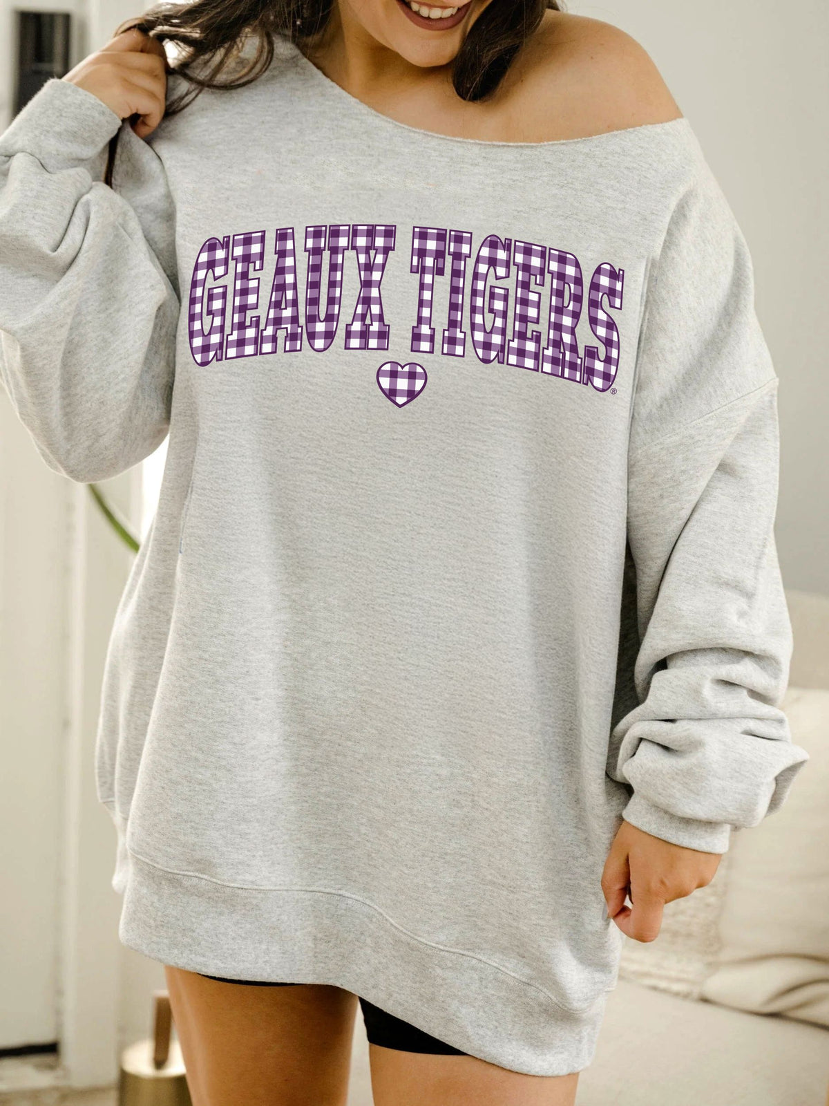LSU Tigers Gingham Heart Ash Gray Flashdance Sweatshirt