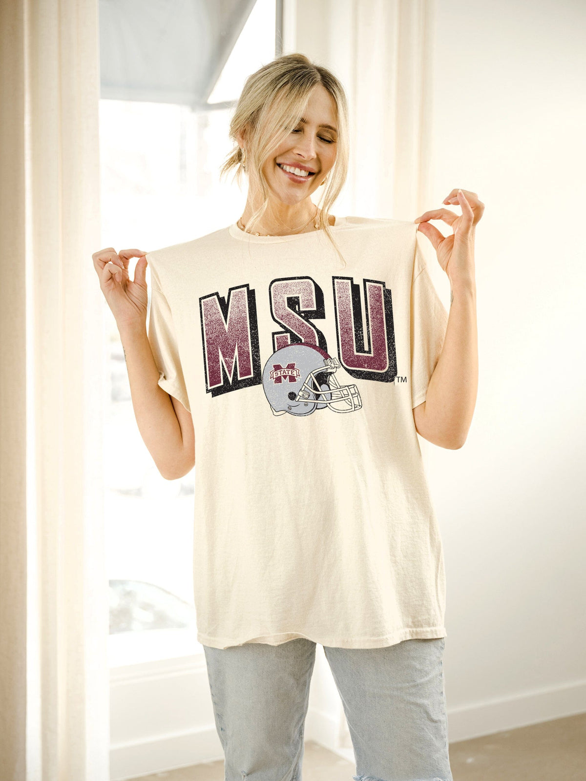 Mississippi State Bulldogs Helmet Fade Off White Thrifted Tee