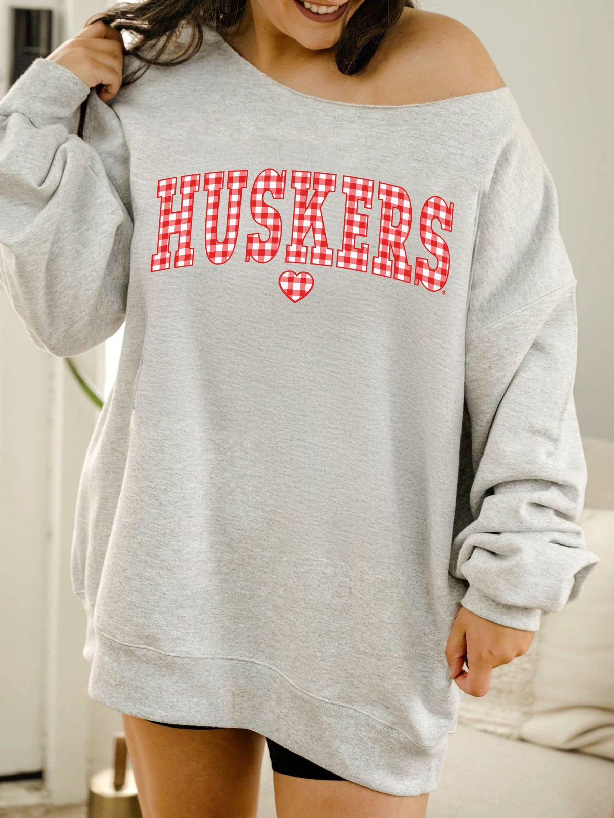 Nebraska Huskers Gingham Heart Ash Gray Flashdance Sweatshirt