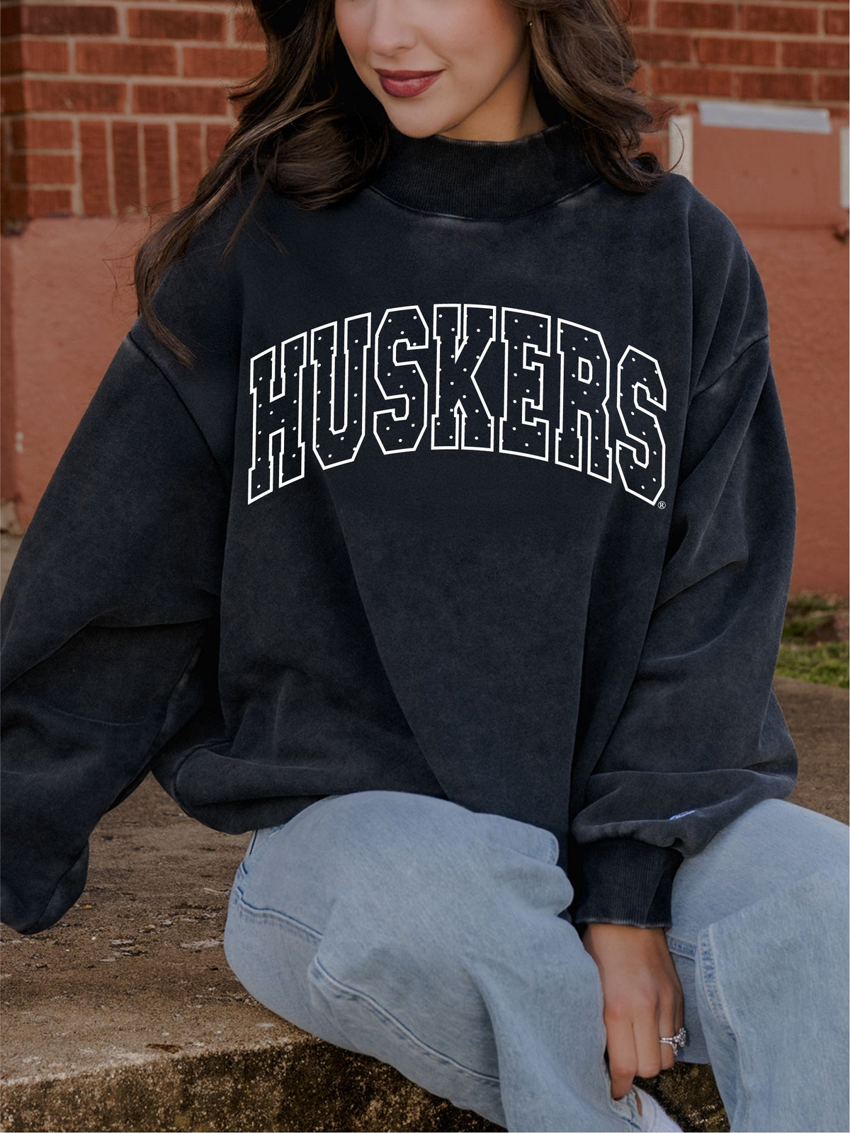 Nebraska Huskers Polka Dot Puff Ink Weekend Black Mock Neck Sweatshirt