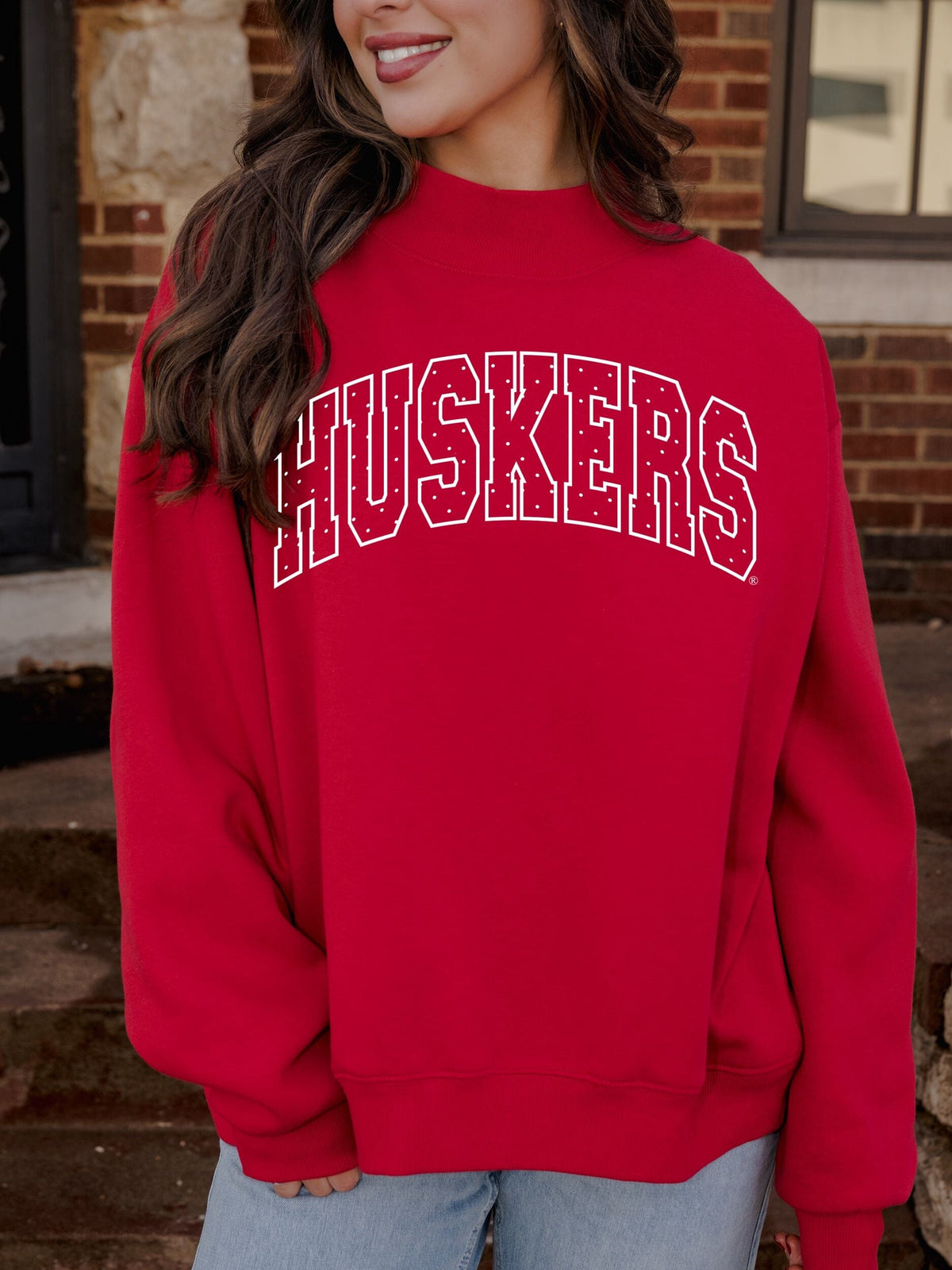 Nebraska Huskers Polka Dot Puff Ink Weekend Red Mock Neck Sweatshirt