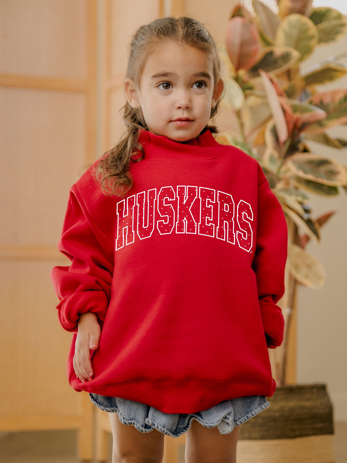 Children's Nebraska Huskers Polka Dot Puff Ink Red Mock Neck Sweatshirt