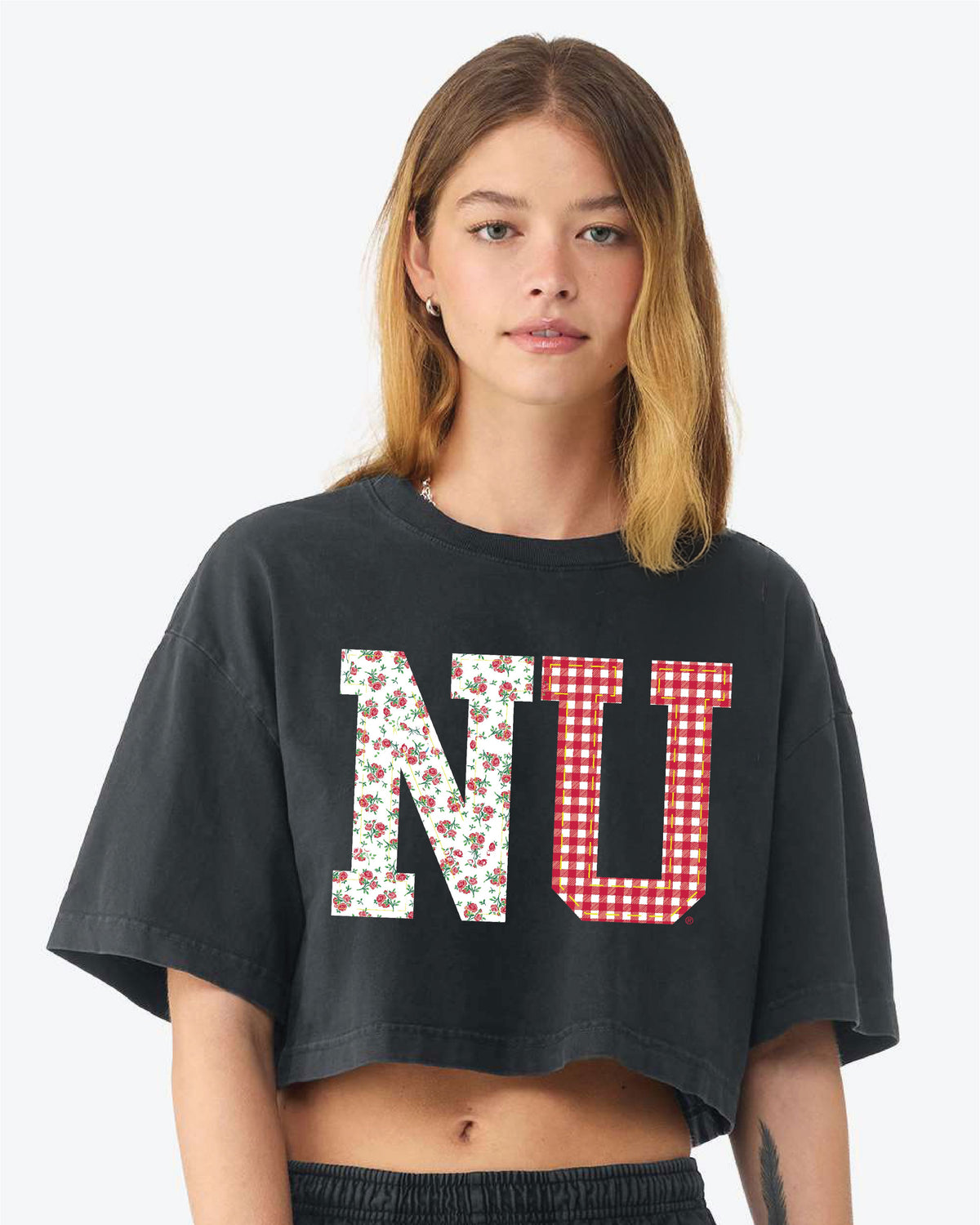 Nebraska Huskers Quilted Puff Ink Washed Black Heavyweight Cropped Tee