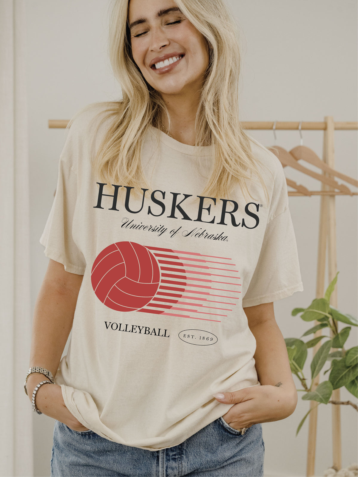 Nebraska Huskers Retro Split Volleyball Off White Thrifted Tee