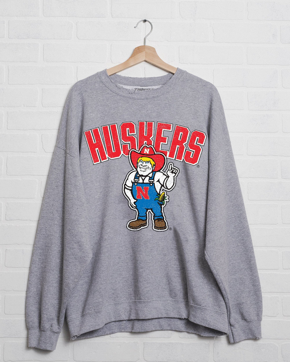 Nebraska Huskers Cartoon Mascot Puff Ink Gray Thrifted Sweatshirt