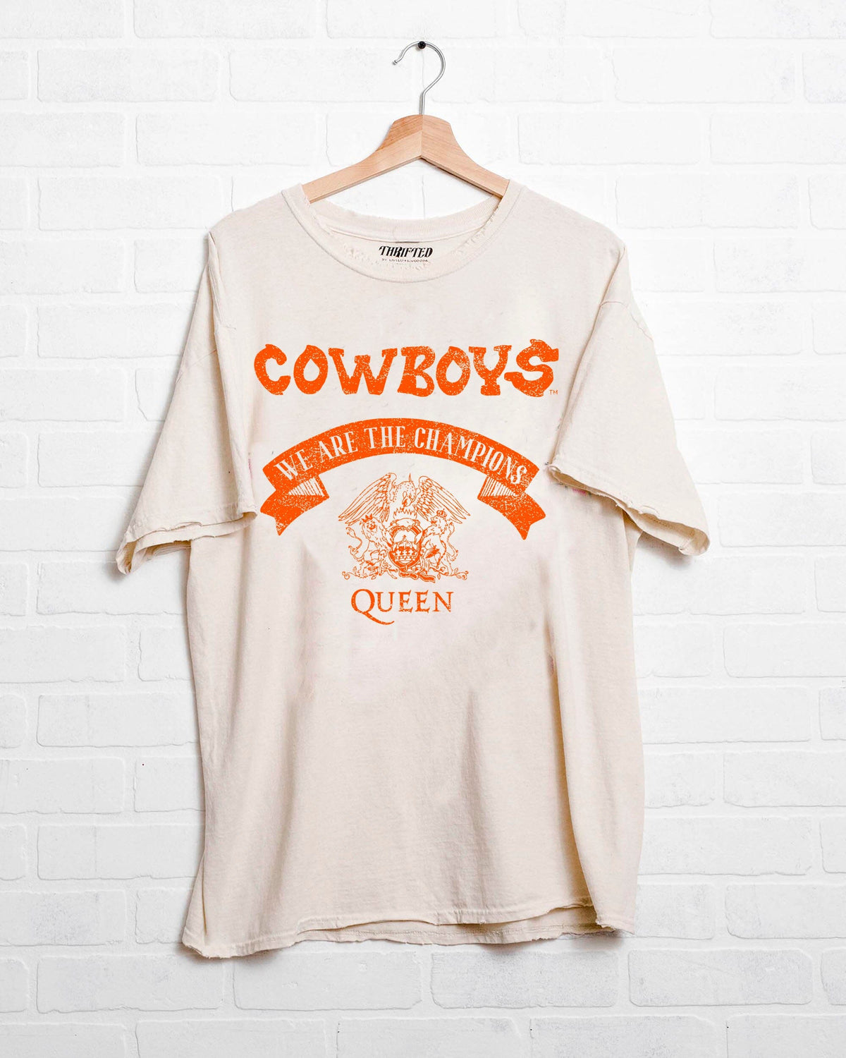 Queen OSU Cowboys Champions Scroll Off White Thrifted Tee