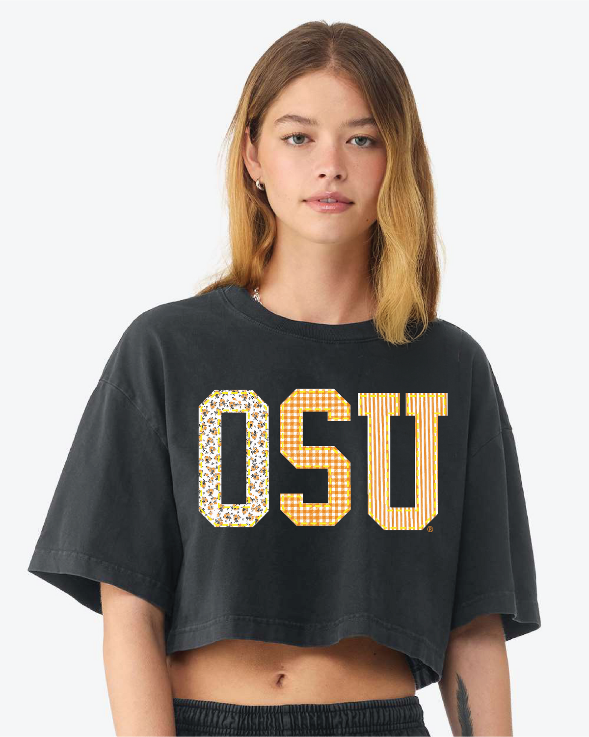 OSU Cowboys Quilted Puff Ink Washed Black Heavyweight Cropped Tee