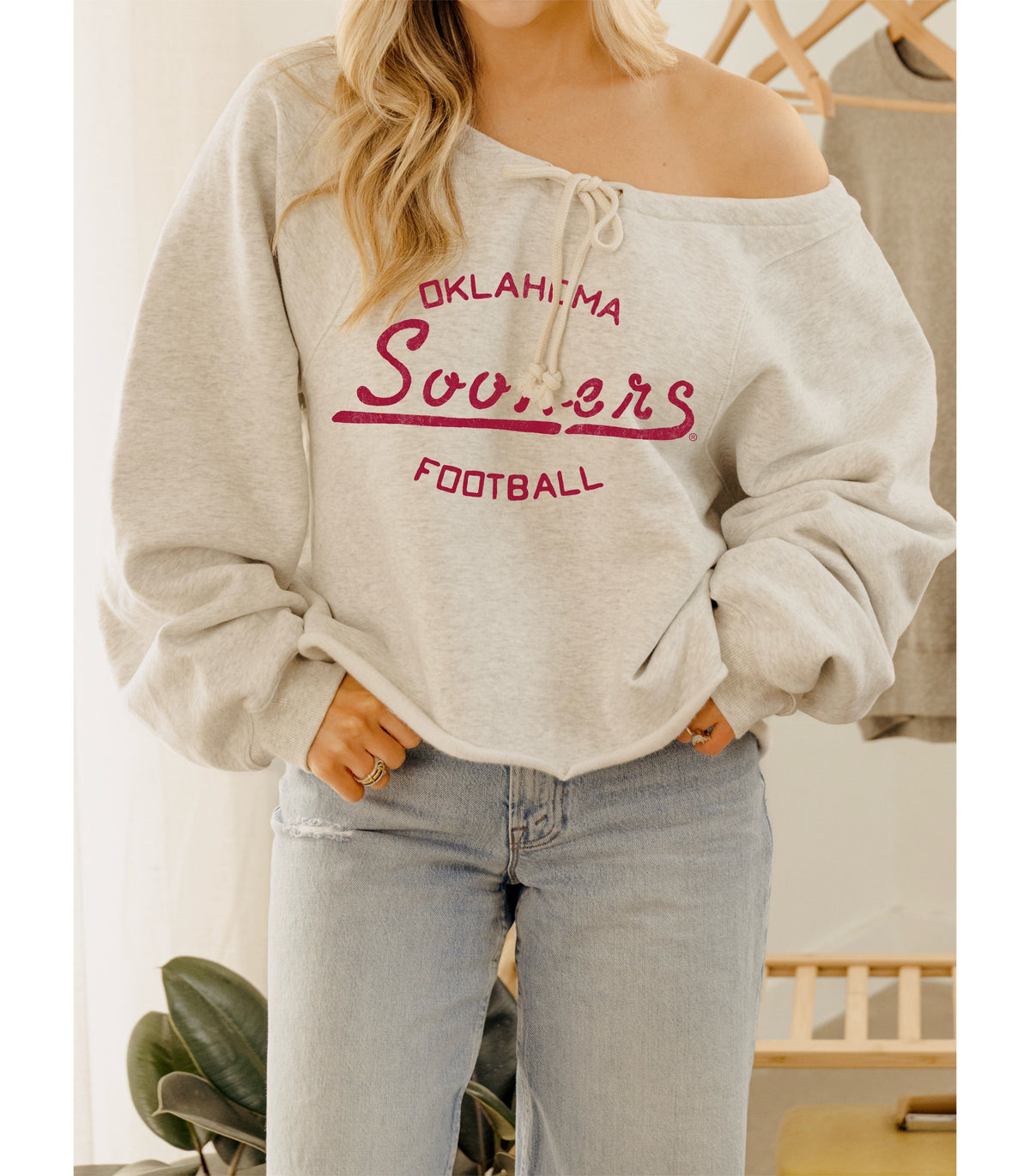 OU Sooners Football Stencil Tie Off Shoulder Gray Hi Dive Sweatshirt
