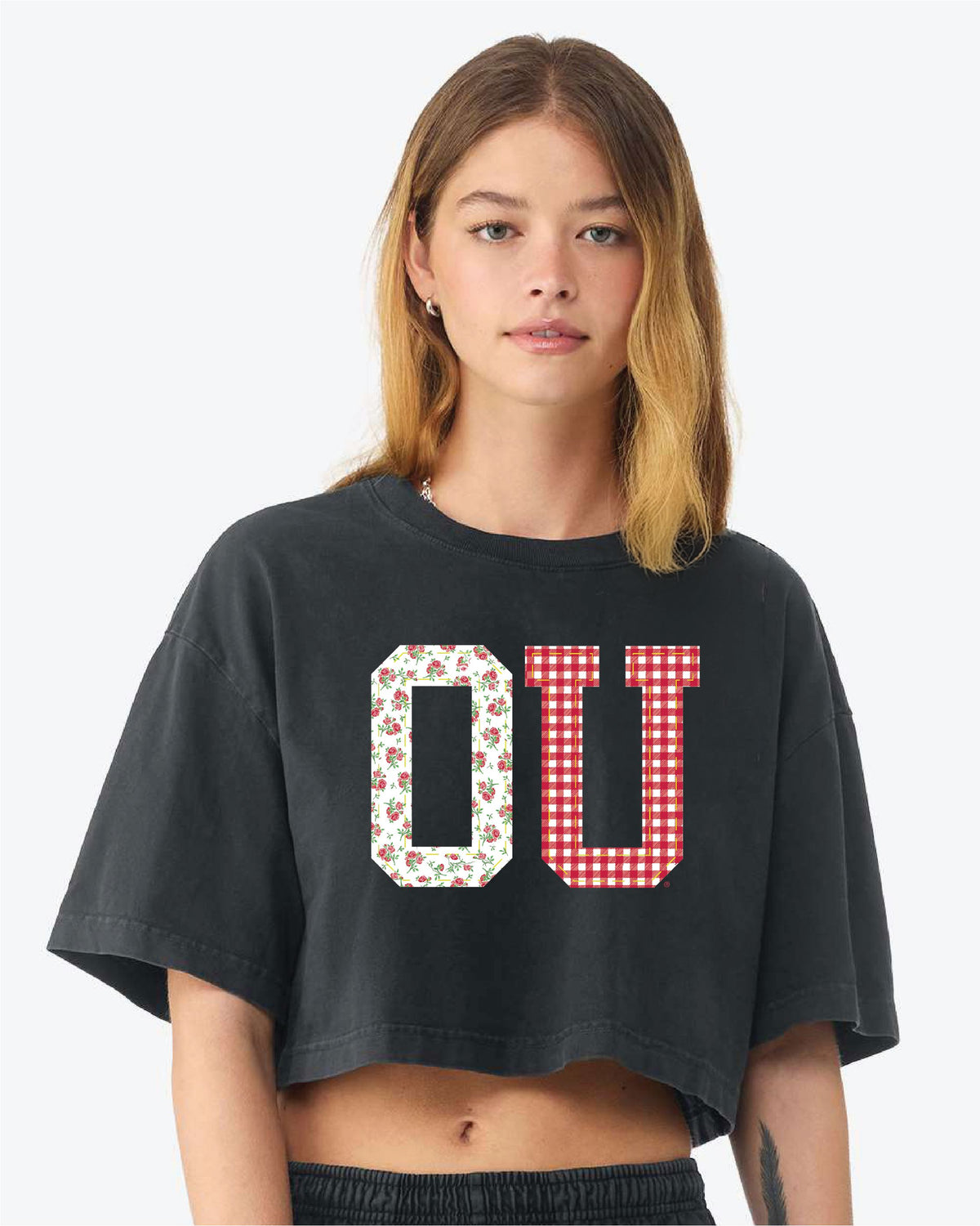 OU Sooners Quilted Puff Ink Washed Black Heavyweight Cropped Tee