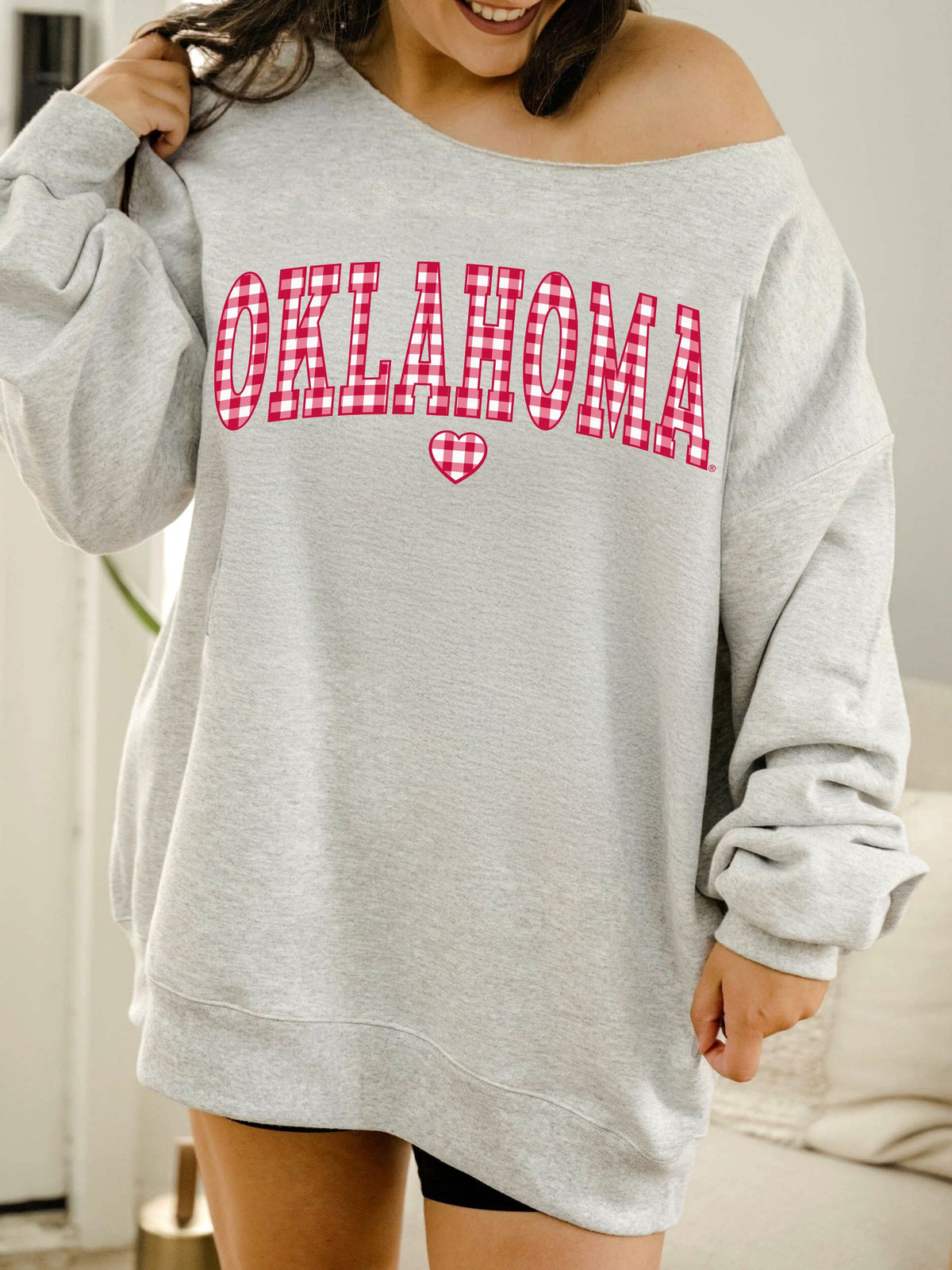 OU Sooners Gingham Heart Ash Gray Flashdance Sweatshirt