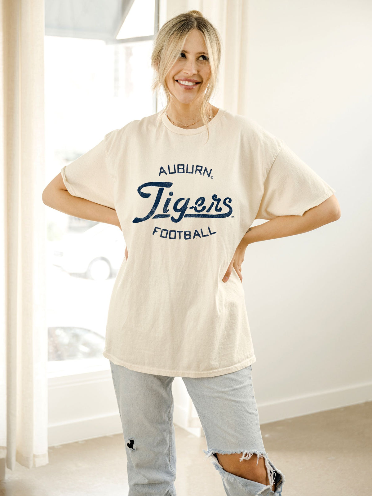 Auburn Tigers Football Stencil Off White Thrifted Tee