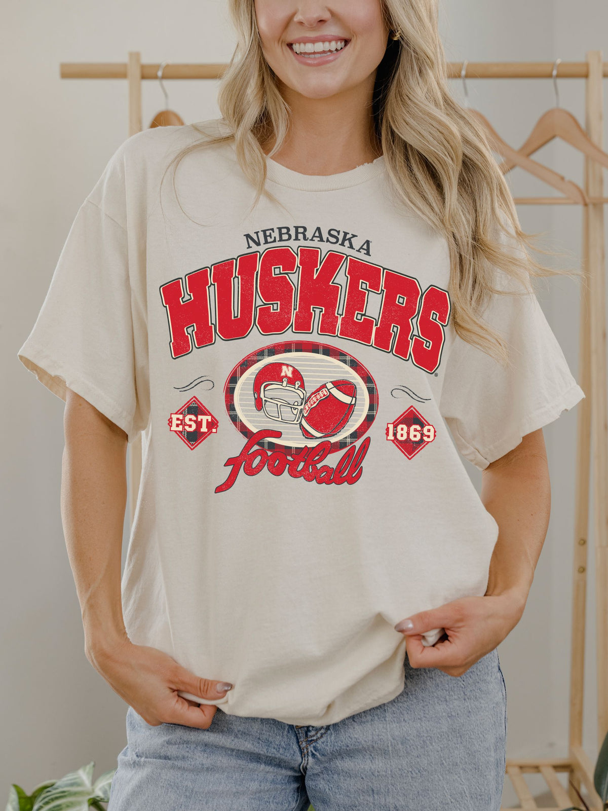 Nebraska Huskers Gridiron Football Off White Thrifted Tee