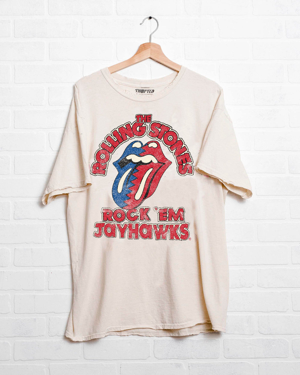 Rolling Stones Rock 'Em KU Jayhawks Off White Thrifted Tee