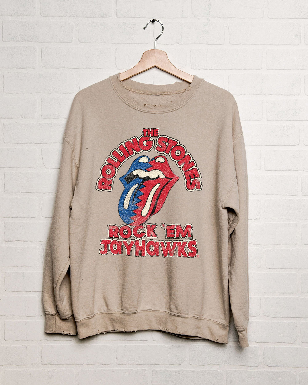 Rolling Stones Rock 'Em KU Jayhawks Sand Thrifted Sweatshirt