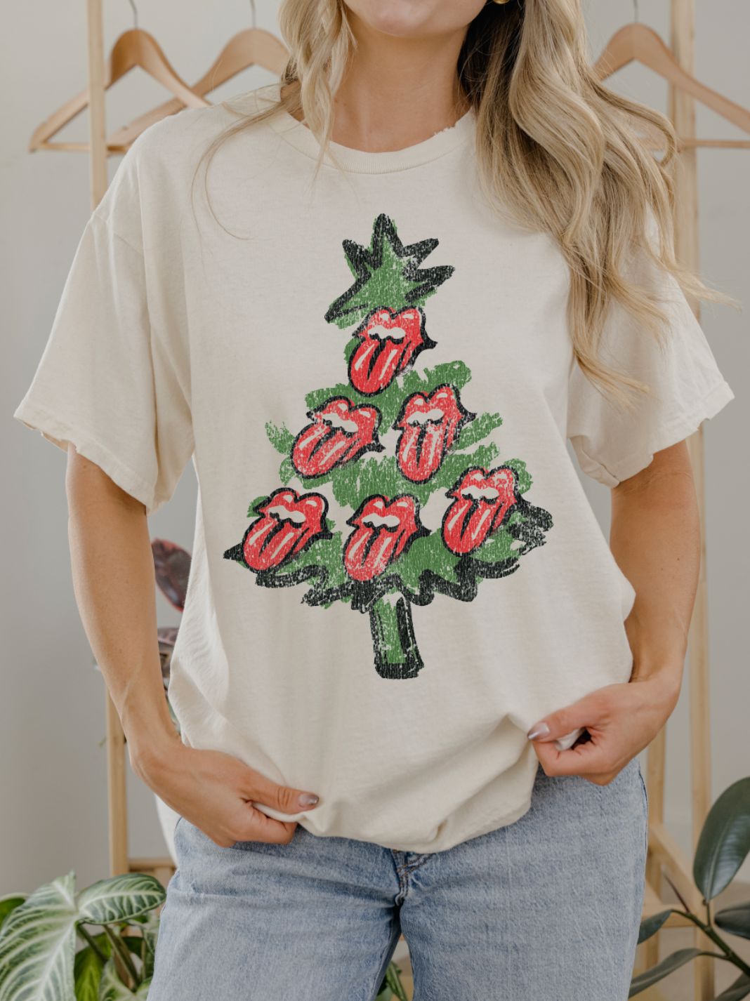 Rolling Stones Tongue Christmas Tree Off White Thrifted Distressed Tee