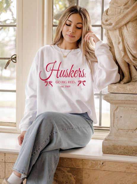 Nebraska Huskers Established Bows White Corded Crew Sweatshirt