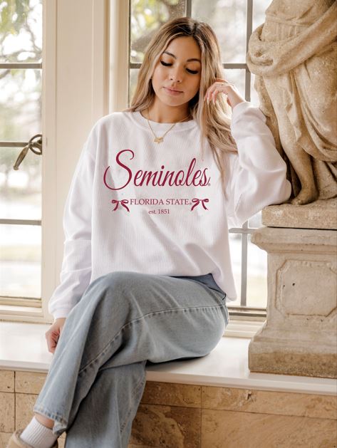 FSU Seminoles Established Bows White Corded Crew Sweatshirt