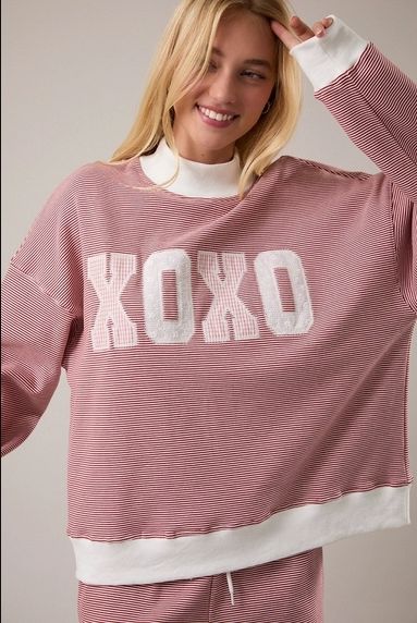 Red Cream Stripe XOXO Mock Neck Sweatshirt