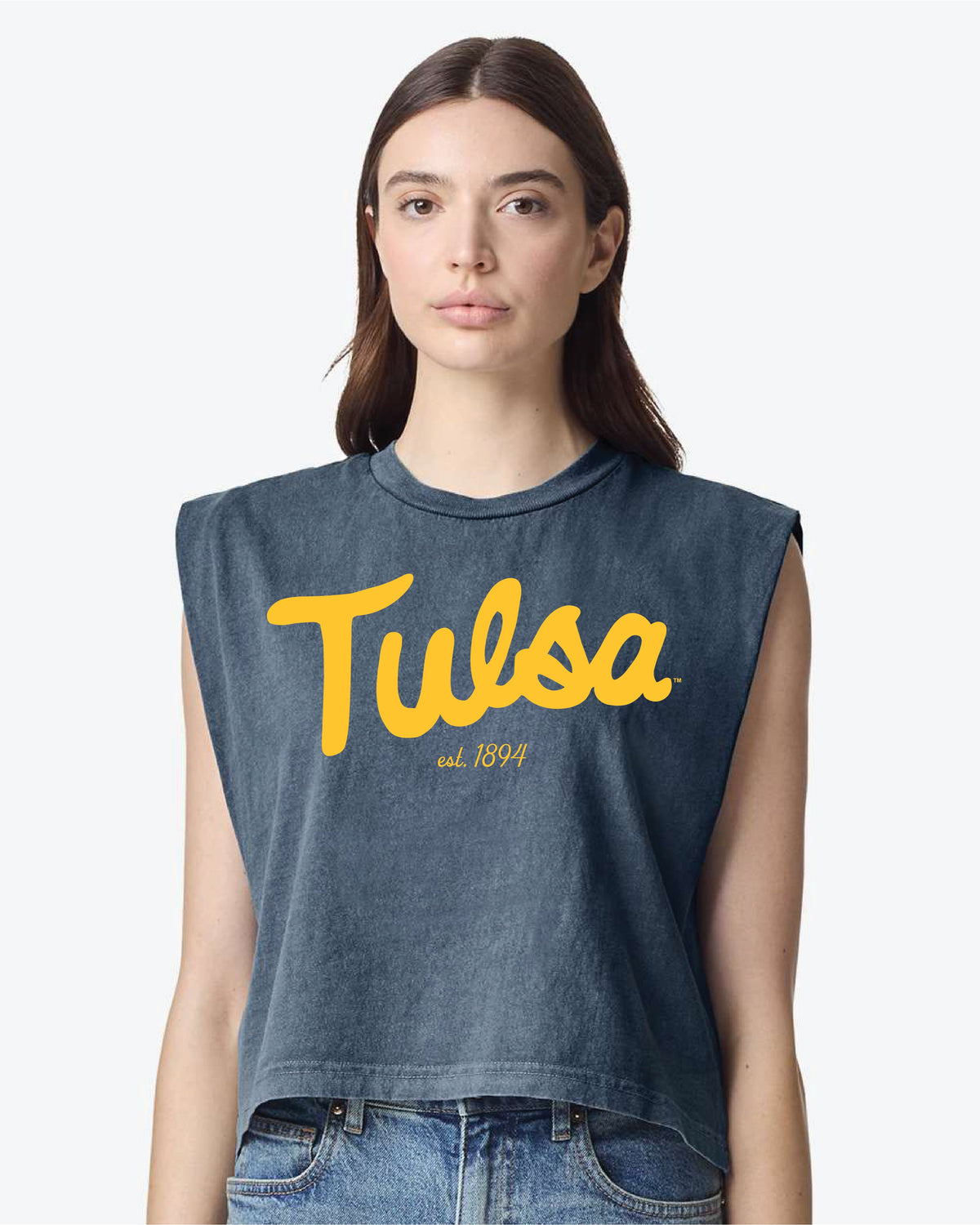 TU Golden Hurricane Bold Script Faded Navy Muscle Tank