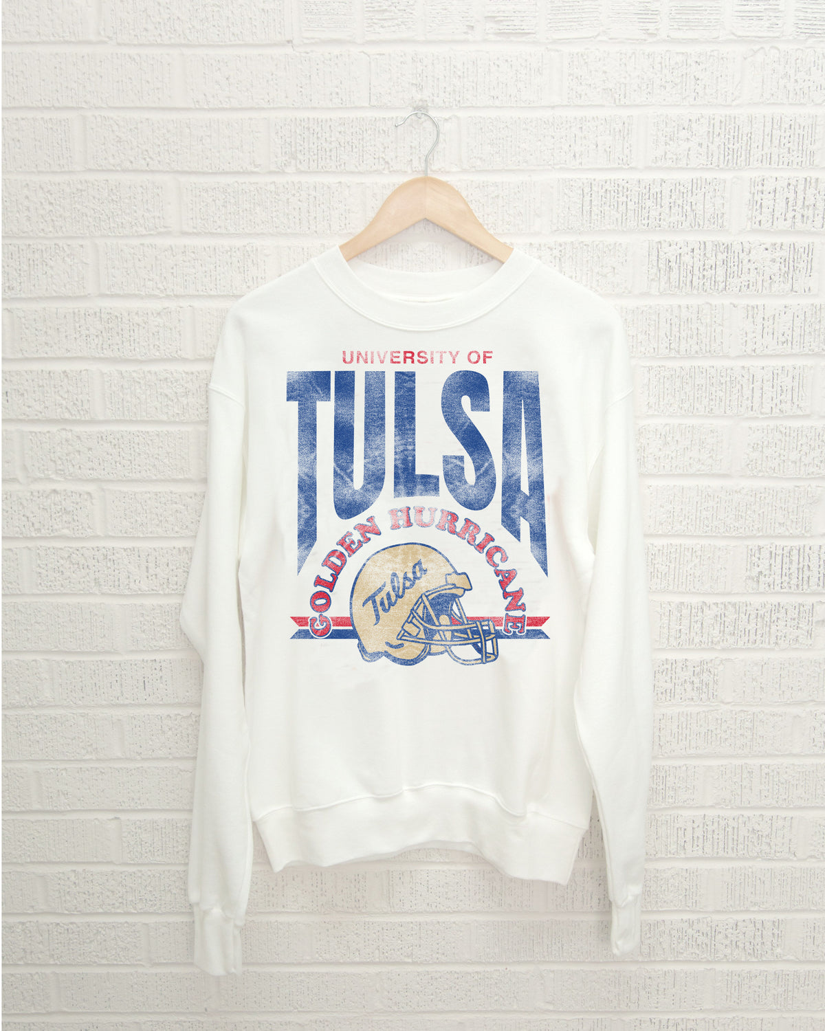 Tulsa Hurricane Established Date Helmet White Thrifted Sweatshirt