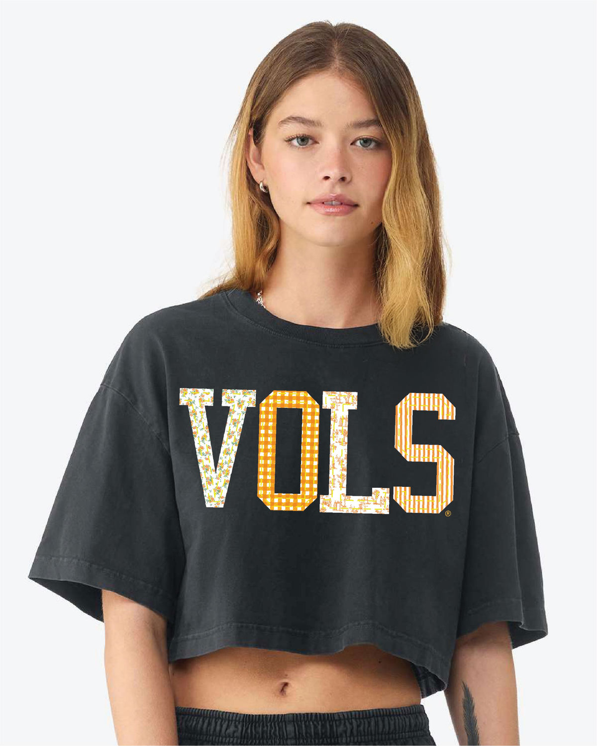 Vols Quilted Puff Ink Washed Black Heavyweight Cropped Tee