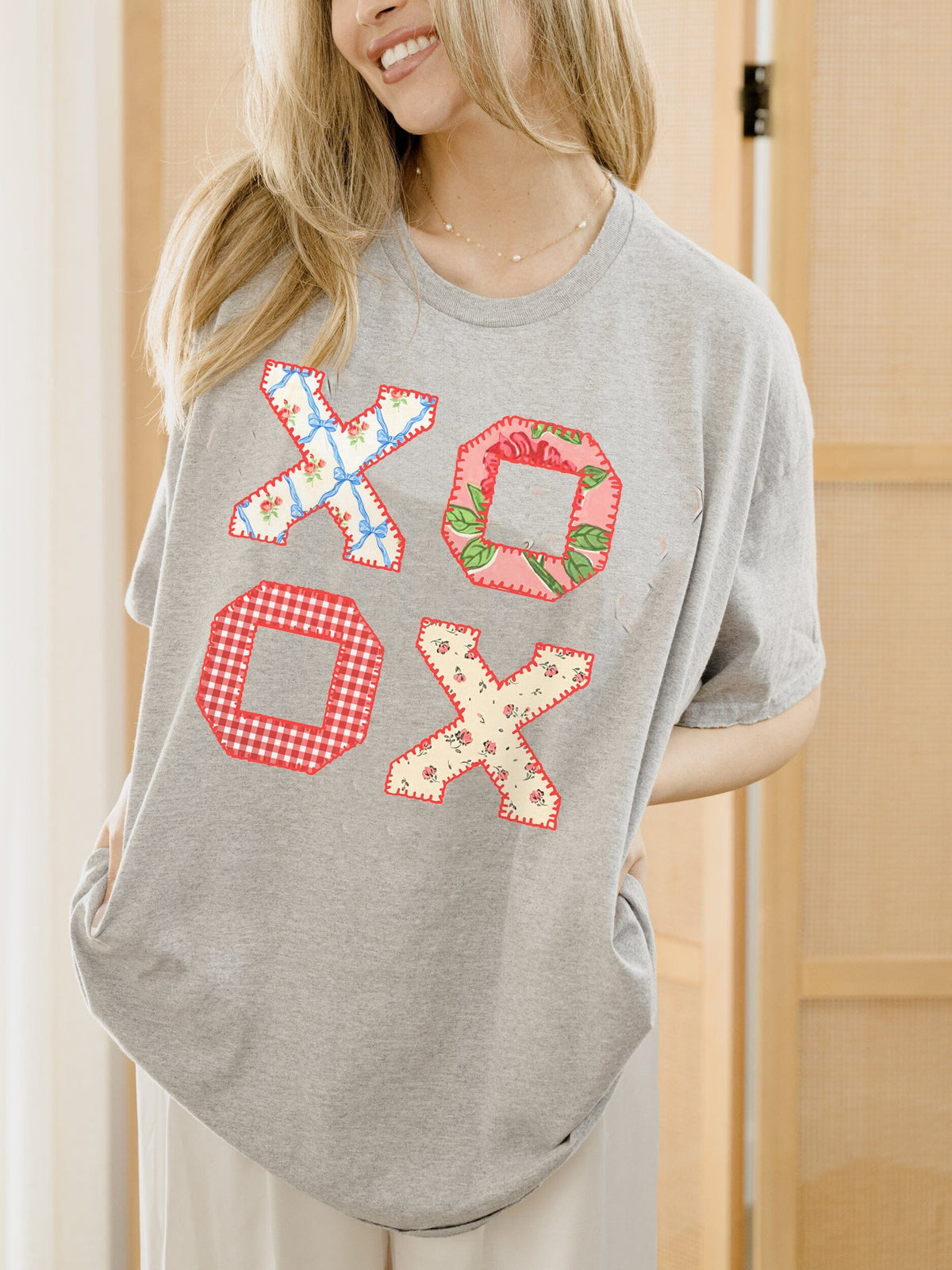 XOXO Quilt Print Gray Thrifted Tee