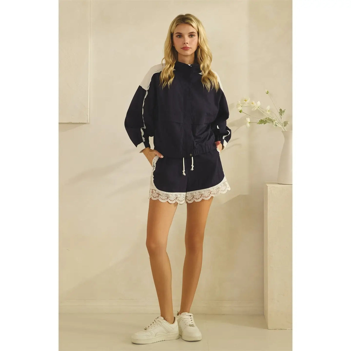 Track Shorts with Lace Detail - Navy