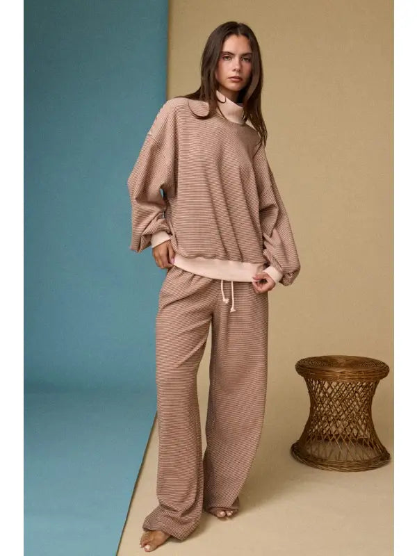 Mock Neck Stripe Lounge Set (Rust)