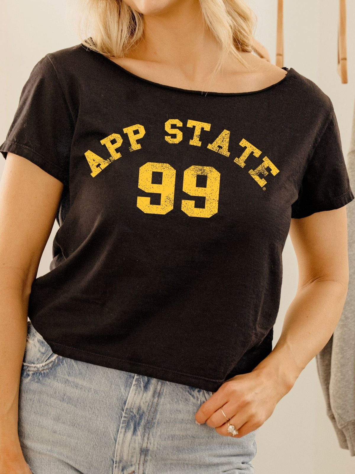 App State Mountaineers College Arch Black Off Shoulder Tee