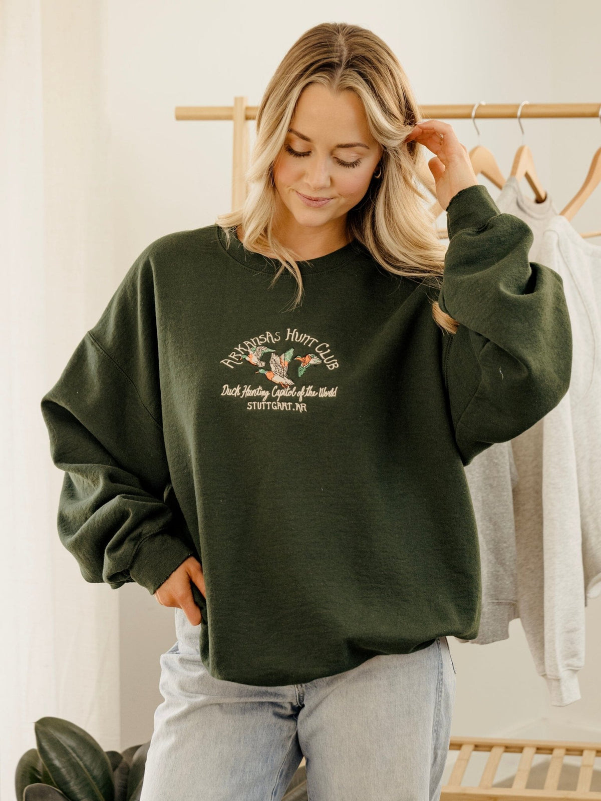 Arkansas Hunt Club Embroidered Forest Green Thrifted Sweatshirt