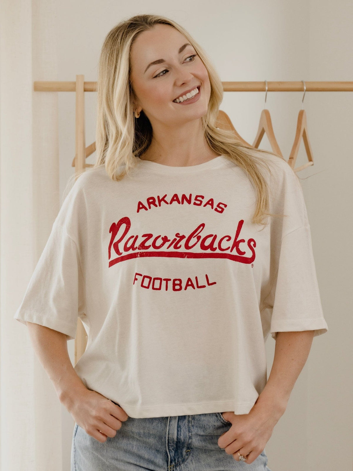 Arkansas Razorbacks Football Stencil Off White Cropped Tee