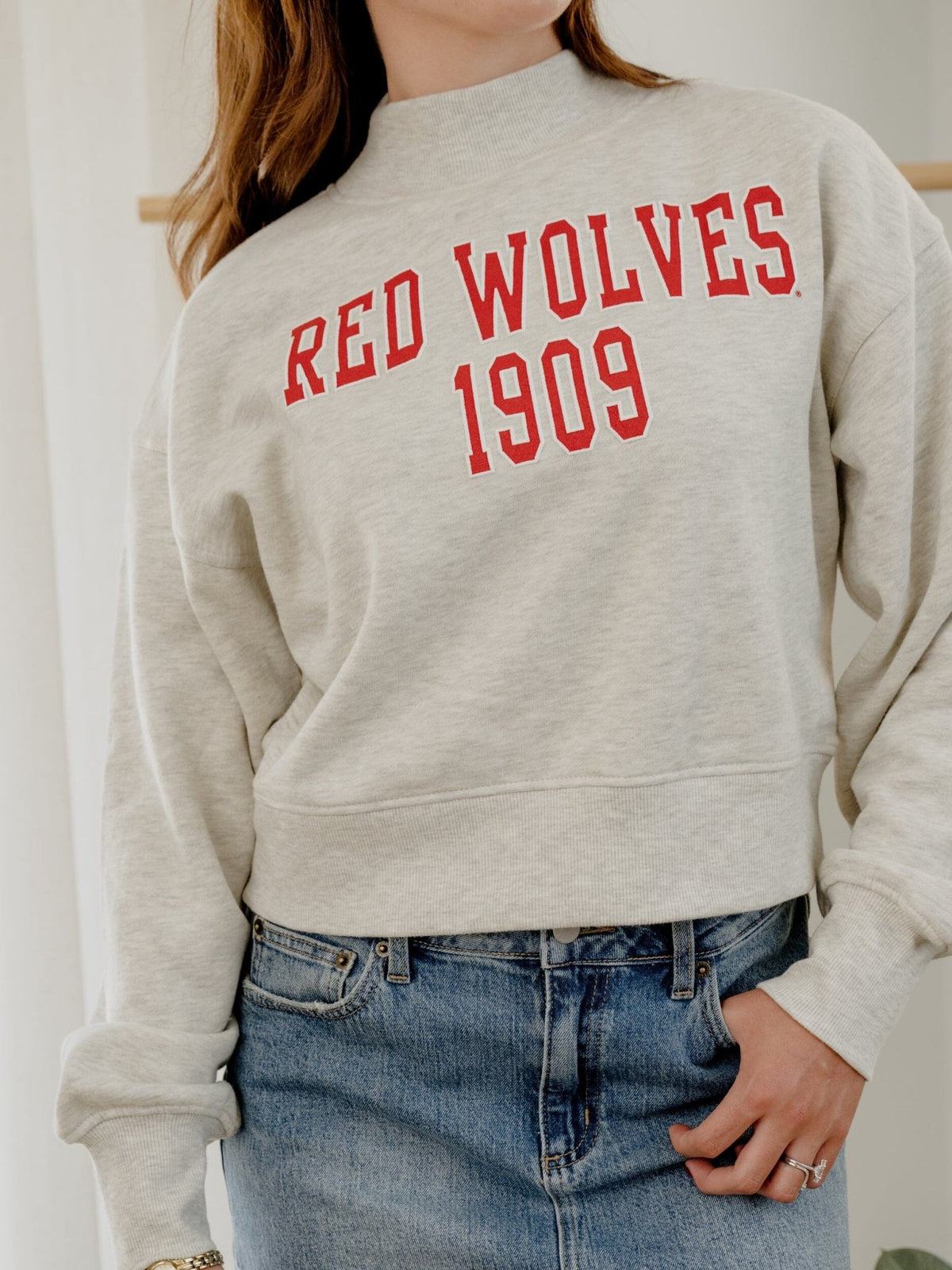 ASU Red Wolves College Block Puff Ink Gray Mock Neck Hi-Dive Sweatshirt