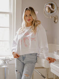 Bows White Cropped Corded Crew Sweatshirt