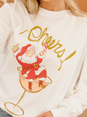 Christmas Cheers Santa Martini White LS Tee