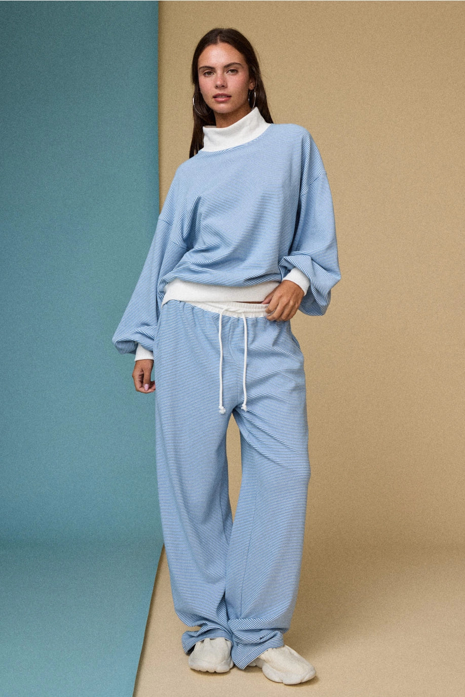 Mock Neck Stripe Lounge Set (Blue)