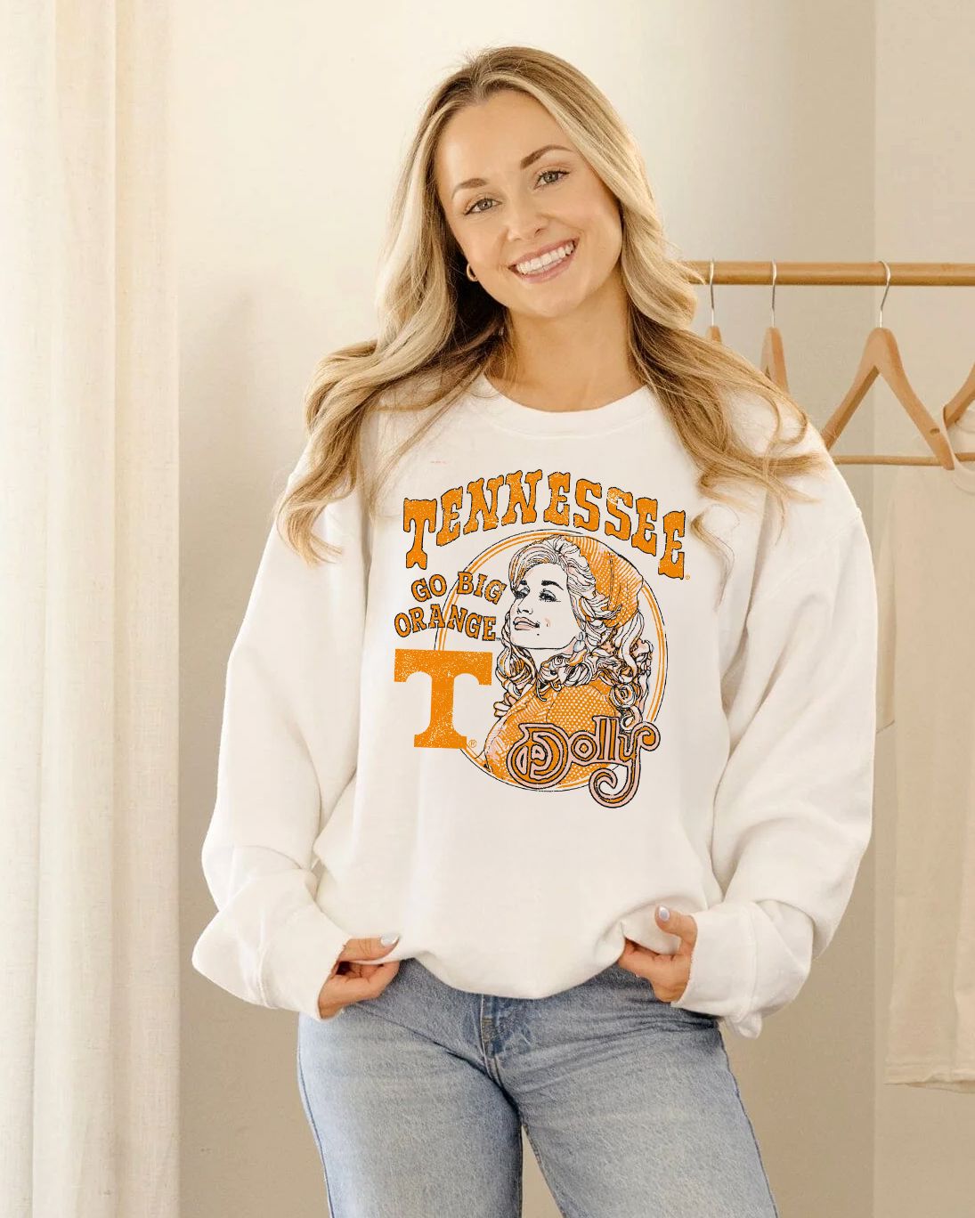 Dolly Parton Go Big Orange Scarf White Sweatshirt
