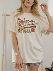 Dolly Parton Guitar Rose Off White Thrifted Distressed Tee