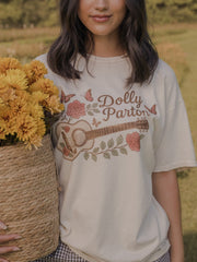 Dolly Parton Guitar Rose Off White Thrifted Distressed Tee