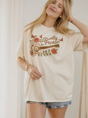 Dolly Parton Guitar Rose Off White Thrifted Distressed Tee