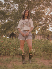 Dolly Parton Rose Record Off White Cropped Tee