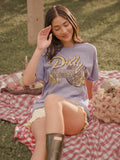 Dolly Parton Rose Record Periwinkle Thrifted Distressed Tee