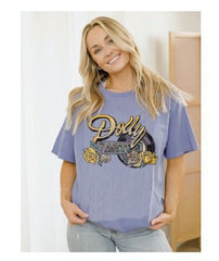 Dolly Parton Rose Record Periwinkle Thrifted Distressed Tee